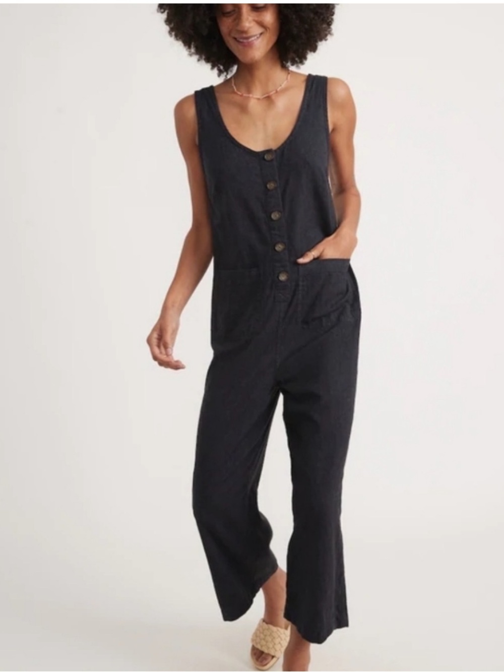 Marine Layer Sidney Beach Jumpsuit Button-Front Sleeveless Boho Hemp Cropped